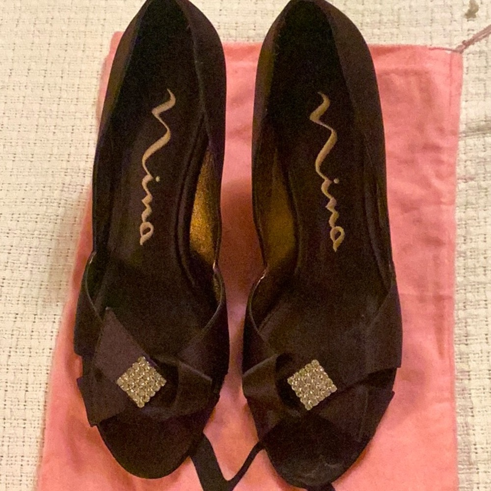 NINA Chocolate Satin Dressy Shoes with Rhinestones 8 1/2 M